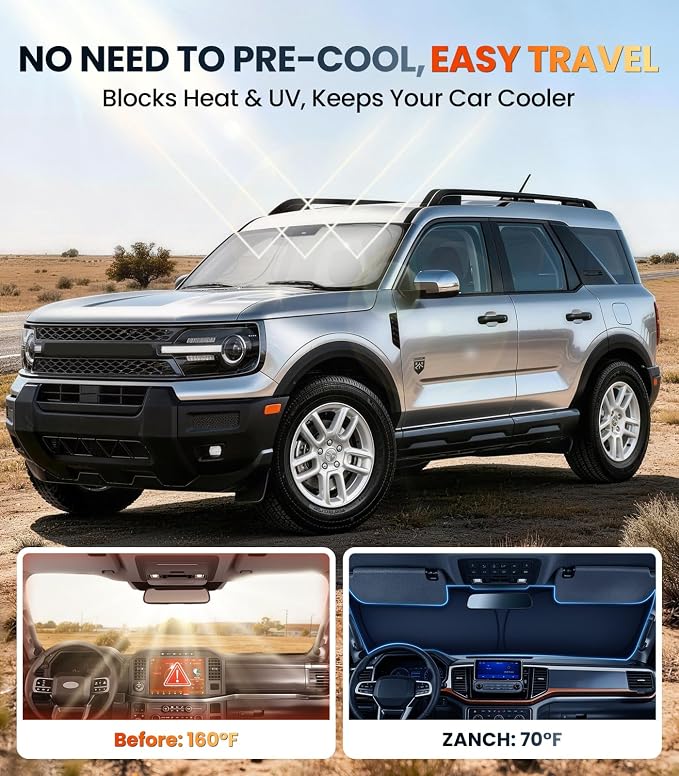 Zanch Custom Windshield Sun Shade for Ford Bronco Sport 2021-2026, 7-Layer UV & 100% Light Blocking, 3D Scanned Fit, Interior Protection, Keeps Cabin Cooler, Easy Storage & Foldable Accessories - Image 2