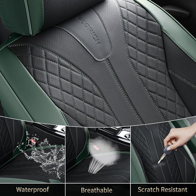 FLORICH Leather Seat Covers Full Set Automotive Car Seat Cover Front and Back Waterproof Auto Seat Covers Full Coverage Car Seat Protector Cushion Universal Fit for Most Cars SUV Trucks, Black&Green - Image 6