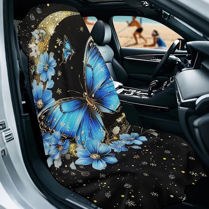 Butterfly Moon Car Seat Towel Cover After Gym Sweat Auto Front Seat Protector Blue Butterfly Flower Car Seat Cover Protector Universal Non Slip Waterproof Sweat Protector Beach Towel Yoga Mat - Image 2