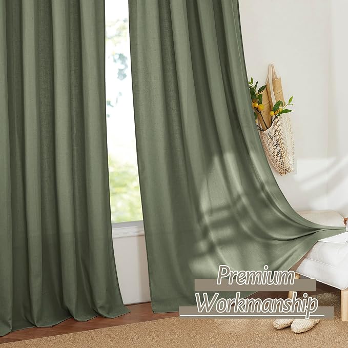 RYB HOME Linen Sheer Curtains 2 Panels for Living Room, Semi Transparent Privacy Drapes with Rod Pocket Farmhouse Style Window Treatments for Bedroom, Olive Green, 52" W x 90" L - Image 5