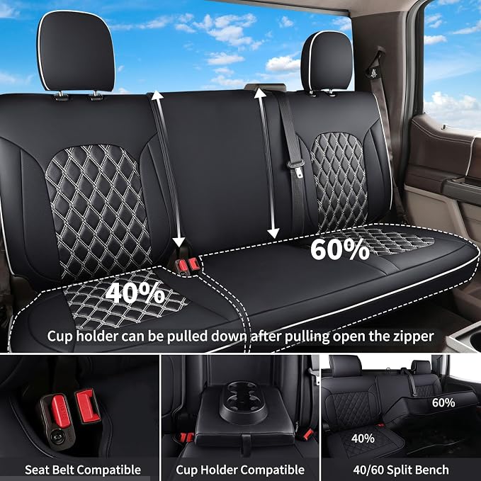 Huidasource Fit for Truck Seat Covers Chevy Silverado/GMC Sierra, Chevrolet Seat Covers, 1500 2007-2013&2019-2026, 2500HD 3500HD 2020-2026 Crew Double Extended Cab, Thickened Nappa Leather Black&White - Image 3