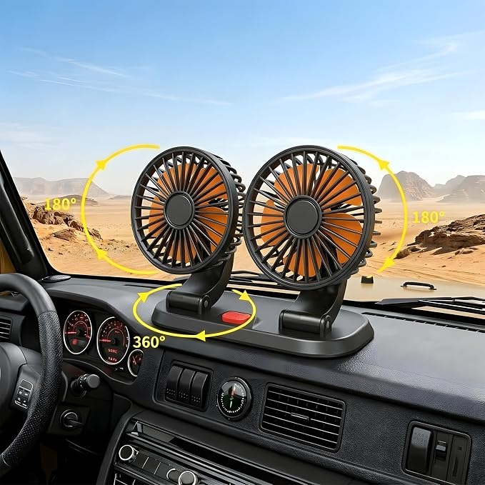 24V Dual Head Car Fan, Heavy Duty Truck Fan with 2 Speeds, 360° Rotatable Dashboard Air Circulator for Semi-Truck, Bus, RV, Excavator, Tractor, Cigarette Lighter Powered - Image 5