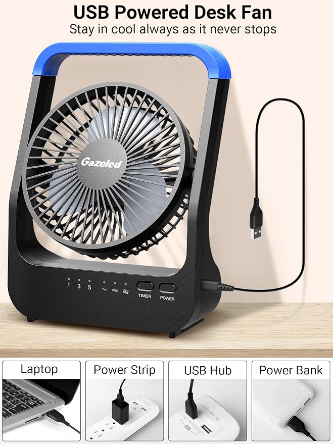 Gazeled Battery Operated Fan, Camping Fan Battery Powered, Super Long Lasting, 5'' Portable D-Cell Battery Powered Desk Fan with Timer, 3 Speeds, Quiet, 180° Rotation, for Office,Bedroom,Outdoor, F24 - Image 7