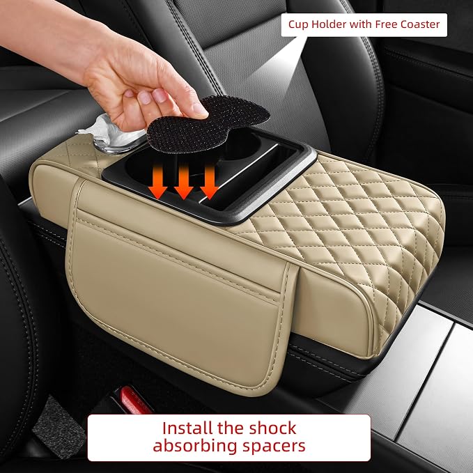 5 in 1 Nappa Leather Console Armrest Cover, Beige | Built-in cup holder, tissue slot, phone holder & 2 storage pockets, practical car accessories fit SUV sedan truck - Image 7