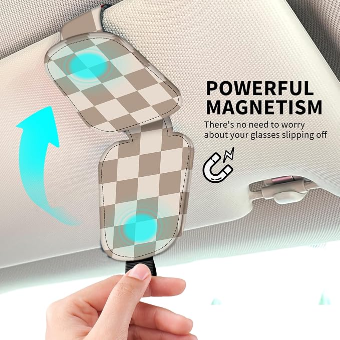 Leather Magnetic Sunglass Holder for Car Sun Visor, Cute Eyeglass Ticket Card Hanger Clip, Universal Auto Interior Accessories for SUV Pickup Truck Light Brown Checker - Image 3