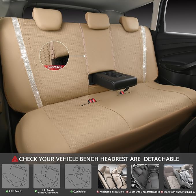 CAR PASS Bling Diamond Car Seat Covers Full Set, Shining Glitter Rhinestone Waterproof Faux Leather Interior Sets Universal Fit Automotive Glitter Crystal Sparkle Strips for Cute Women Girl, Beige - Image 4
