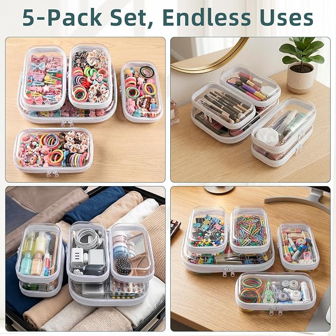 Clear Hard Shell Zipper Cases (5 Packs), Plastic Hard Sided Zippers Pouches Clear Hardshell Pencil Case For Storage, Diaper Bag Organizer Bliss Bins 4*Small/1*Medium - Image 2