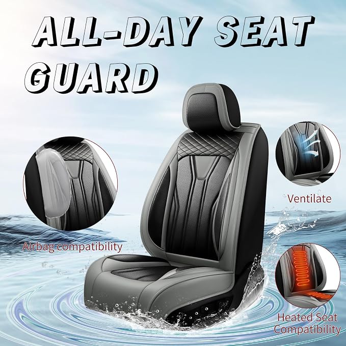 Fit Highlander Premium Leather Car Seat Covers for Toyota Highlander 2007-2025 2026 - Waterproof，Breathable，All-Weather Seat Cushion Protecto & Airbag Compatible, 2 Front Seat Gray&Black - Image 2