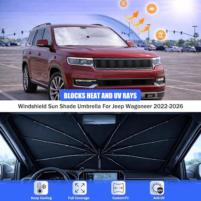 Car Windshield Sun Shade Umbrella for Jeep Wagoneer 2022-2026 | 2026 Upgraded,Custom-Fit Umbrella Sunshade,Easy Install,UV Protection & Heat Reflective,Keep Interior Cooler with Storage Bag - Image 3