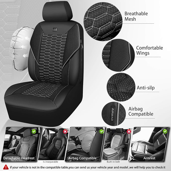 CAR PASS 3D Foam Mesh Leather Car Seat Covers Front Seats, Air Cool Mesh Front Seat Covers for Car, Universal Fit for SUV Truck Sedan Automotive, Armrest Airbag Compatible, Black and Gray - Image 3