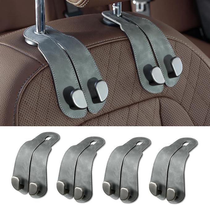 CoBak Purse Hook for Car - Universal Premium Stitched Leather and Aluminum-Magnesium Alloy Double Car Seat Back Storage Hook for Purses, Handbags, Bags (4 Pack),Gray by PopulartabletcasebrandWegivepeoplethebestdesignofprotectingvariouselectronicdevices