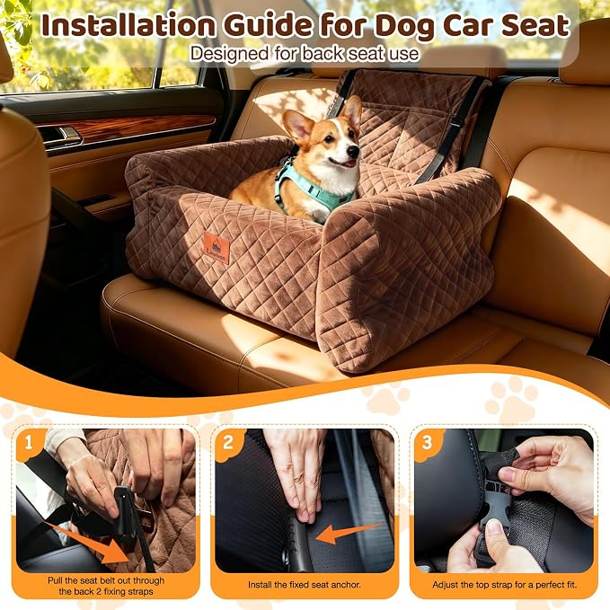 Dog Car Seat for Medium/Large Dogs up to 60LBS Memory Foam Dog Booster Seat | with Thick Cushion, Pet Car Seat for Back with Detachable Washable Cover, Storage Pockets for SUV, Pick Up, Trunk, Brown - Image 5