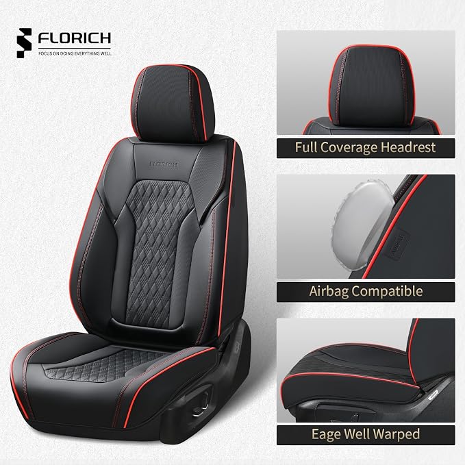 Seat Covers, Car Seat Covers Full Set, Luxury Nappa Leather Seat Covers, Breathable and Waterproof Car Seat Protector 5 Seat, Automotive Seat Covers Universal Fit for Most Cars-BlackRedline - Image 5