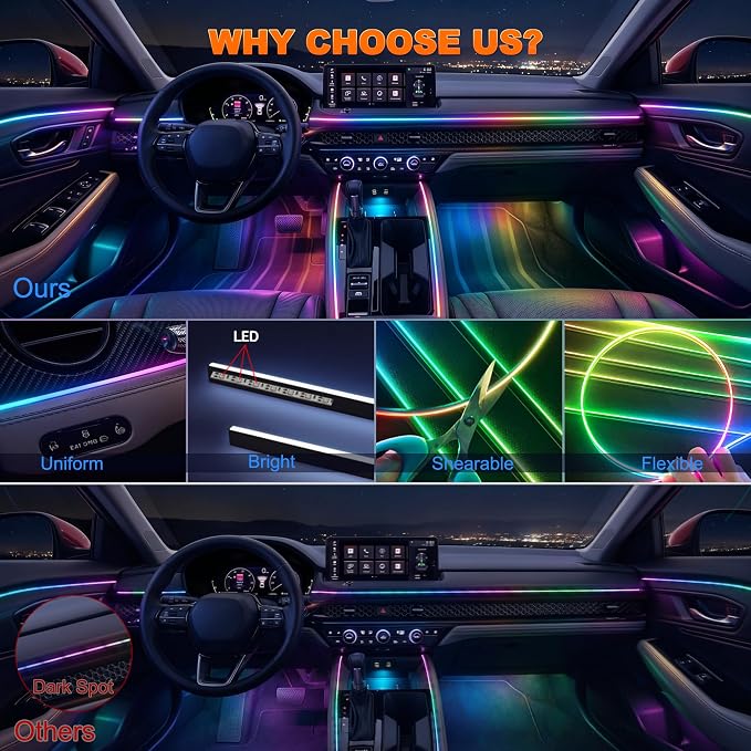 Jushope Interior Car LED Strip Lights, USB Car Ambient Lighting (10 in 1) | Dynamic Dream-color Chasing Wireless APP Control Music Sync Flexible Acrylic LED Lights for Car - Image 4