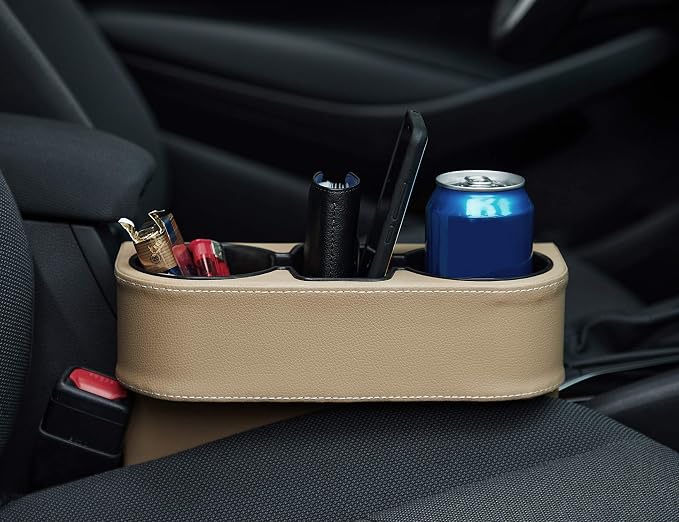 IOKONE Cup Holder for Car, Console Side Pocket, PU Leather Cover, Beige | Car Seat Gap Filler Organizer, Front Seat Organizer, Drink Holder for Car, Cell Mobile Phone Holder, Car Coin Holder - Image 7