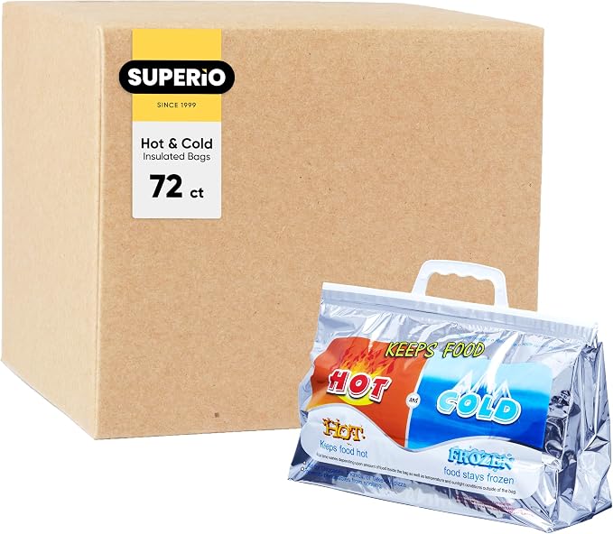 Superio Hot and Cold Insulated Bags for Food Delivery, Grocery Shopping Bags, Food Storage for Hot and Frozen Food for Travel, Disposable Cooler Bag, Reinforced Thermal Lunch Bag (72, 13"x5.5"x8.5") by Superio