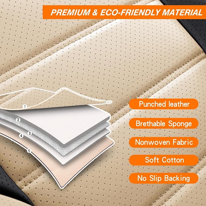MINGBRON Car Seat Covers Full Set, Brown Car Seat Cover Lumbar Support, Car Seat Protector Waterproof, Nappa Leather Car Seat Cushion, Front Seats and Back Fit for Most Cars Beige - Image 7