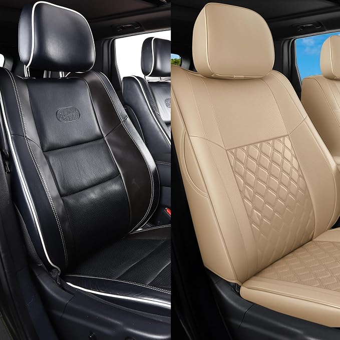 Huidasource Upgrade Grand Cherokee Seat Covers, Full Coverage Waterproof Leather Car Seat Covers, Custom Seat Cushion Protector Fit for Jeep Grand Cherokee 2011-2021 (Full Set/Beige) - Image 7