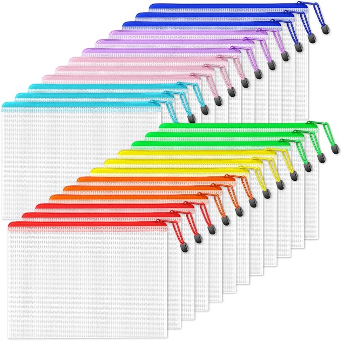 SUNEE Mesh Zipper Pouch 9.2x12.5 in (8 Colors, 24 Packs),Extra Large Water-Resistant Zip Bag for School Office Supplies, Puzzles & Games Organizing Storage by SUNEE