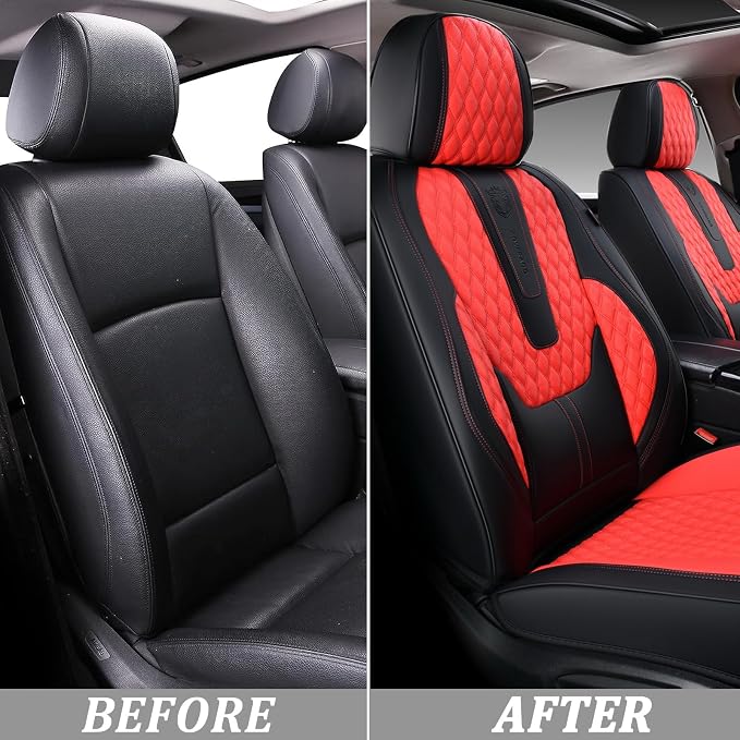 Coverado Car Seat Covers Front Seats, Luxury Faux Leather Seat Covers for Cars Waterproof Seat Covers with Lumbar Support, Car Seat Protector Universal Fit for Most Cars SUV Truck(Red&Black) - Image 5