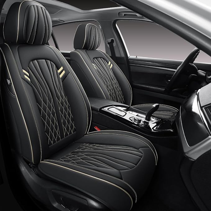 MINGBRON Leather Car Seat Covers 5 Pieces, Full Set Universal Seat Covers for Cars, Waterproof Nappa Leather Auto Seat Protectors, Black Car Seat Cover Most Sedans SUV Pick-up Truck Black&BeigeLine - Image 2