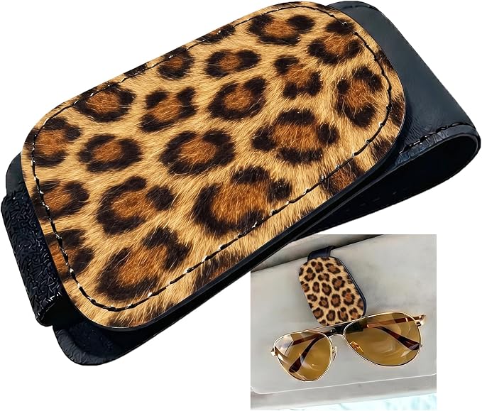 Leopard Print Car Sunglasses Holder Universal Magnetic Visor Accessories | Cheetah Cars Accessories Leather Glasses Clip for Sun Visor Eyeglass Hanger Organizer for Women and Men Gifts Decor by TRXYQ