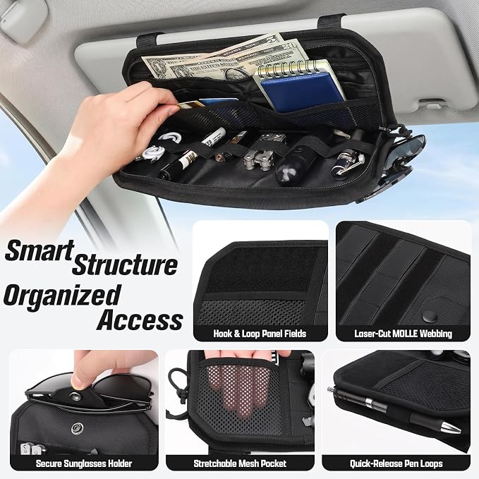 1000D Polyester Car Sun Visor Organizer with Sunglasses Holder | Tactical Organizer, MOLLE Panel, Universal, Mesh Pouch + Pen Slots + Zipper Pockets, Heavy Duty, Esay Installation - Image 3