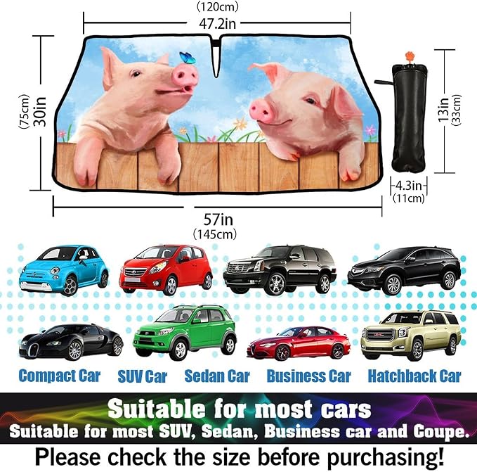 CHILL·TEK Funny Animal Car Windshield Sun Shade Umbrella, Cute Pig Car Sun Shade Umbrella, Block UV Rays Heat Foldable Windshield Umbrella Sun Visor Protector - Keep Vehicle Cool for Cars SUV - Image 5