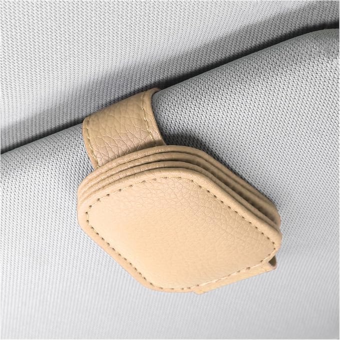 Sunglass Holder for Car, Magnetic Leather Glasses Holder Auto Ticket Card Clip, Sun Visor Eyeglass Hanger Interior Accessories for Sedan Truck SUV, Car Accessories (Beige) by Pxobiug