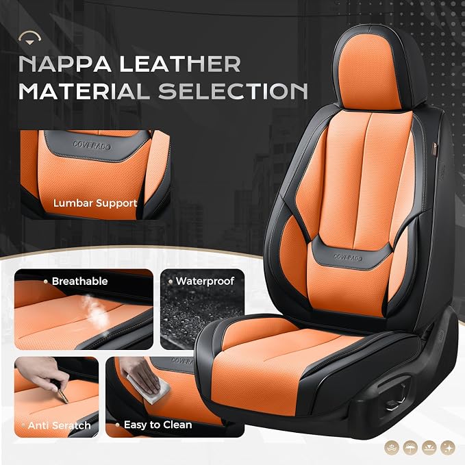 Coverado Seat Covers, Car Seat Covers Full Set, Leather Seat Covers for Cars, Car Seat Protector, Black Car Seat Covers Front Seats and Back Seats Universal Fit for Most Cars Orange - Image 3