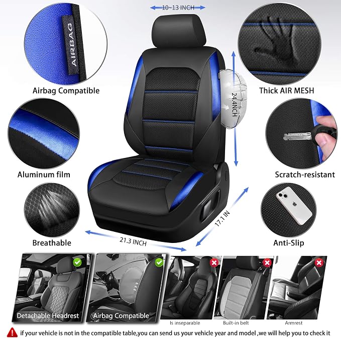 CAR PASS Memory Foam Leather Seat Covers,Air Cool Mesh Thick Car Seat Covers Front Seats Blue Leather Seat Covers for Cars Universal for SUVs Trucks,Airbag Compatible Comfort Durable,Black Blue Metal - Image 4