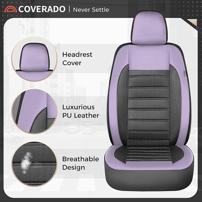 Coverado Car Seat Covers Full Set, Luxury Leather Car Seat Covers, Automotive Front and Rear Mesh Seat Covers, Full Set 5 Seats, Purple&Black Seat Covers for SUV Sedan Truck - Image 7