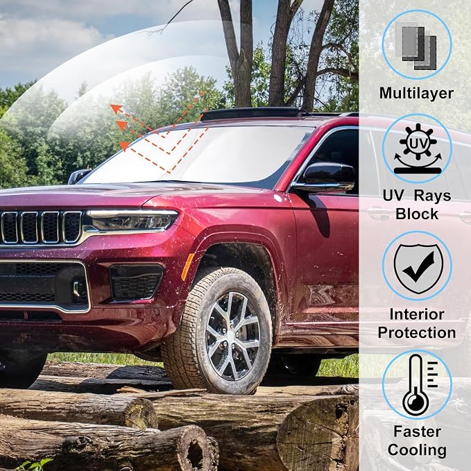 Windshield Sun Shade for 2021-2026 Jeep Grand Cherokee L/Cherokee | Full covered, Foldable & Durable, Block UV Rays, Reduce Heat, Easy to install, Keep Car Cooler - Image 2
