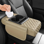 5 in 1 Nappa Leather Console Armrest Cover, Beige | Built-in cup holder, tissue slot, phone holder & 2 storage pockets, practical car accessories fit SUV sedan truck by AuraSettle
