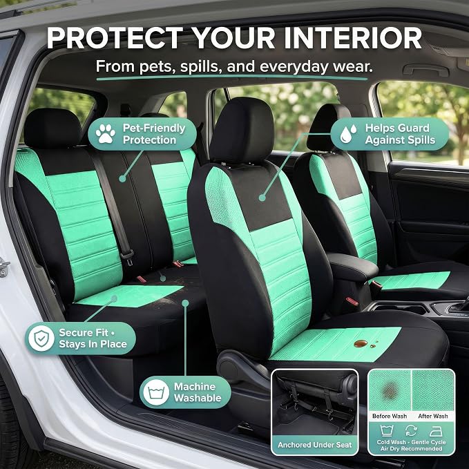 FH Group Automotive Car Seat Covers Full Set Premium 3D Air Mesh Front Seat Covers, Airbag Compatible & Split Bench Cover Universal Fit Interior Accessories for Cars Trucks and SUVs - Mint - Image 6