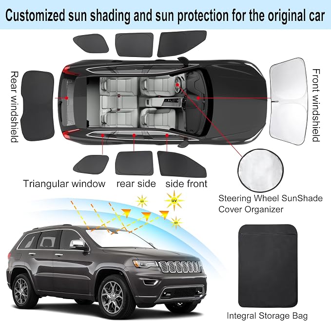 TINGLU Window Shades for Jeep Grand Cherokee 2011-2021(NOT for Grand Cherokee L) 8PCS Accessories Car Side Full Windows Rear Triangular Windshield Sun Shade Sun UV Rays Privacy Protection for Camping - Image 3