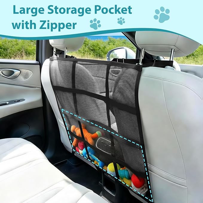 VavoPaw Dog Car Barrier, Car Net for Dog, Pet Barrier for SUV/Car/Truck | With Mesh Organizer, Scratch-Resistant, Large Barrier Area, Adjustable Strap, Sturdy Easy to Install,Car Divider for Backseat - Image 3
