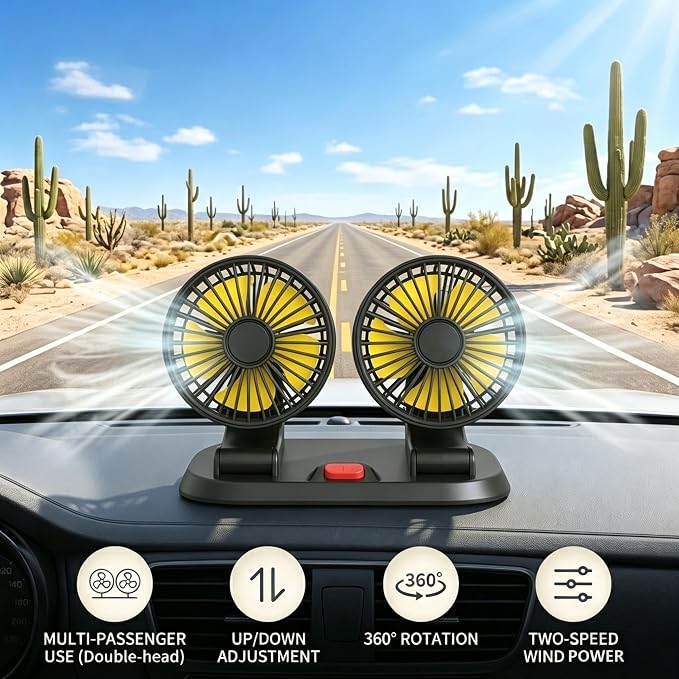 Dual Head 12V Car Fan for SUV Truck RV with No AC,Adjustable Car Cool Fan, Dual Head Design, 2-speed Adjustable, 360° Rotating Portable Car Fan,Powered by Cigarette Lighter - Image 9