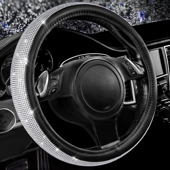 CAR PASS Bling Diamond Leather Steering Wheel Cover, with Bling Sparkly Crystal Glitter Rhinestones Universal Fit 14.5in-15in Car Wheel Protector for Women Girl Fit Suvs,Vans,Sedans,Car,Trucks, Silver by CARPASS