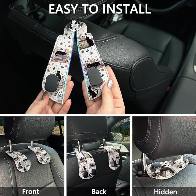 Blusabaca 2PCS Car Seat Headrest Hooks, Purses Bags Holder, Book Lover Cat | PU Leather, Double Metal Back Storage Hangers for Grocery Bags Handbags Bottles Coats Phones, Car Accessories Organization - Image 6