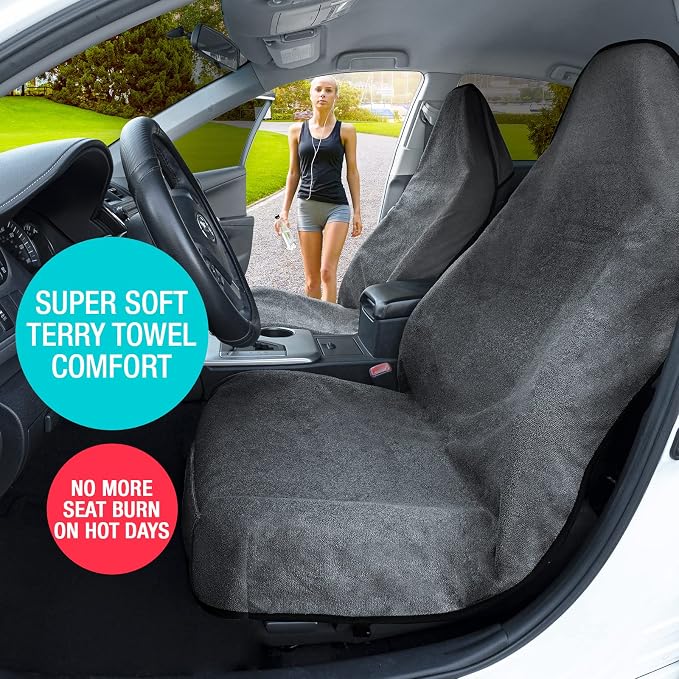 Terry Cloth Sweat Towel Seat Cover; Carseat Towel Protector; Great for Gym Workout; Waterproof; Universal Fit for Car SUV Van Truck; EZ fit; Non Slip Grip; Machine Washable; 2pc Grey - Image 4