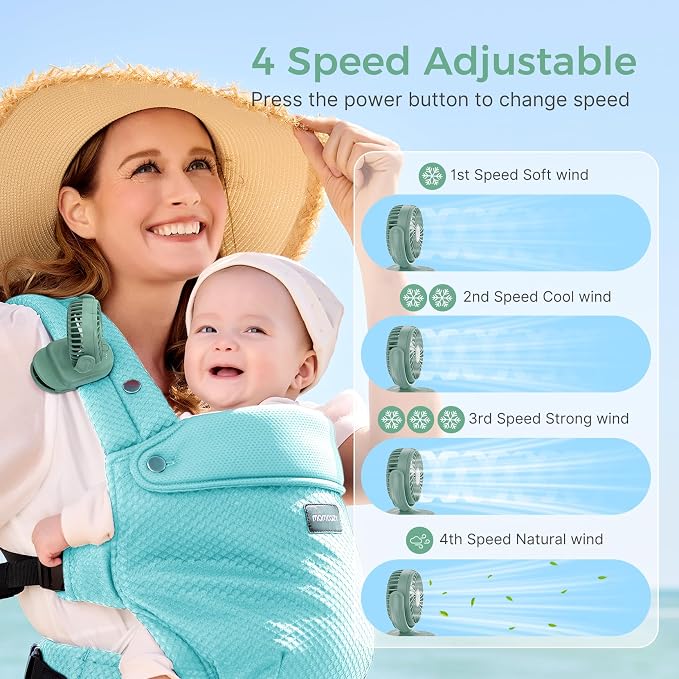 Momcozy Portable Stroller Fan with Clip, 4-Speed Mini Cooling Fan, 0.26 Lb | Ultra-Light Rechargeable Design, Gaps ≤ 4.5 mm, Rotating Handheld Cooling for Carriers, Backpacks and Tables - Image 3