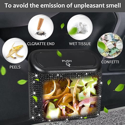 Accmor 2 Pack Bling Car Trash Can with Lid, Small Garbage Can, Auto Garbage Storage Bin with 90pcs Garbage Bags, Sparkling Crystal Trash Bags Holder for Car, Home, Office Storage (Black Rhinestone) - Image 6