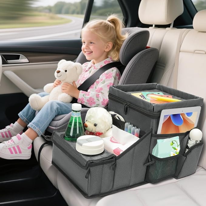 Backseat Organizer for Kids & Adults – Car Seat Cooler Warmer with 2-in-1 Writing Tray, Cup Holders & 11 Storage Compartments | Road Trip Car Organizer for Front & Back Seat (Grey) - Image 6