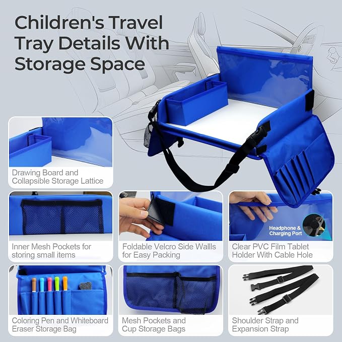 Travel Tray for Kids, Carseat Table Tray for Road Trip Activities, Toddler Lap Desk Organizer for Airplane - Blue - Image 5