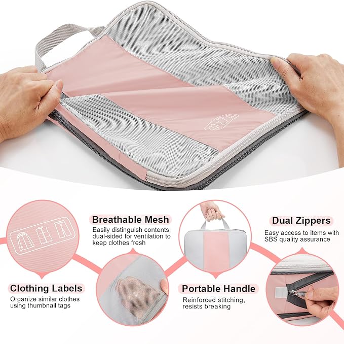 OlarHike 8 Set Compression Packing Cubes for Travel Essentials,Compressible Expandable Space Saver Bags for Organizing Clothes,Luggage Suitcase Garment Bags with Over 1000 pcs Mesh Holes(Pink) - Image 6