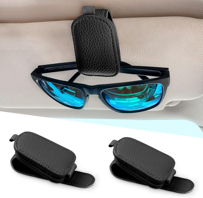 LTOHOE 2 Pack Sunglass Holder for Car, Magnetic Leather Sunglasses Holder and Ticket Card Clip, Universal for Different Size Glasses, Car Visor Accessories(Black) by LTOHOE