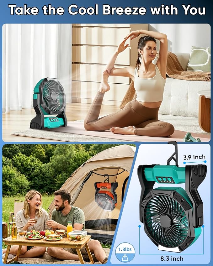Portable Rechargeable Fan, 20000mAh Battery Powered Camping Fan with LED Light & Hook, 270° Adjustable, 4-Speed, 4H Timer Camping Essentials for Outdoor Tent Travel BBQ Car_Blue - Image 7