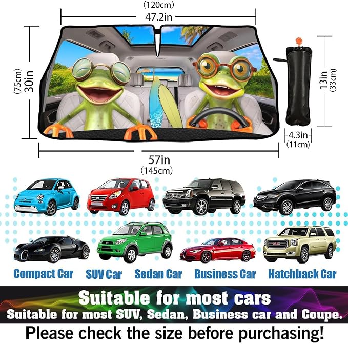 CHILL·TEK Funny Animal Car Windshield Sun Shade Umbrella, Frog Driving Car Sun Shade Umbrella, Block UV Rays Heat Foldable Windshield Umbrella Sun Visor Protector - Keep Vehicle Cool for Cars SUV - Image 5