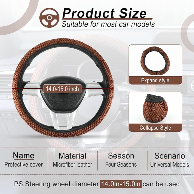 Alpmosn Elastic Stretch Steering Wheel Cover, Breathable Microfiber Ice Silk, Anti-Slip, Easy Carry, Universal Interior Accessories Steering Wheel Cover for Women & Men (Brown-Black) - Image 2